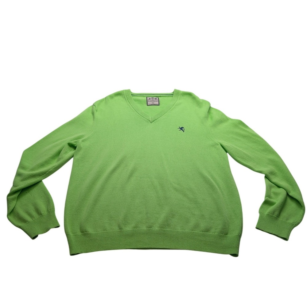 Express V-Neck Sweater Mens Large Lime Green Cotton Pullover Logo